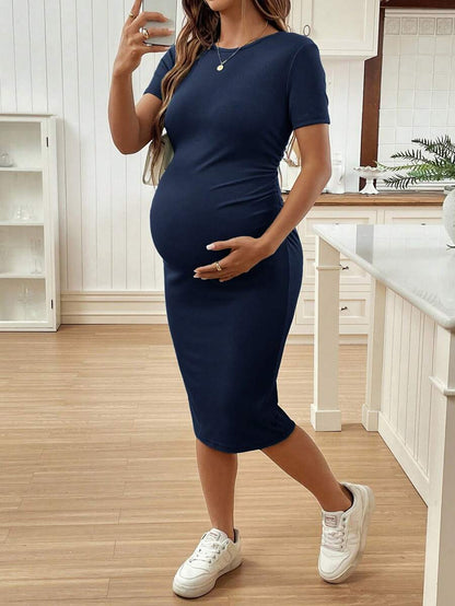 Maternity Short Sleeve Crew Neck Ruched Bodycon Dress Slim Fit Knee Length Solid Color Casual Streetwear Maternity T-Shirt Dress