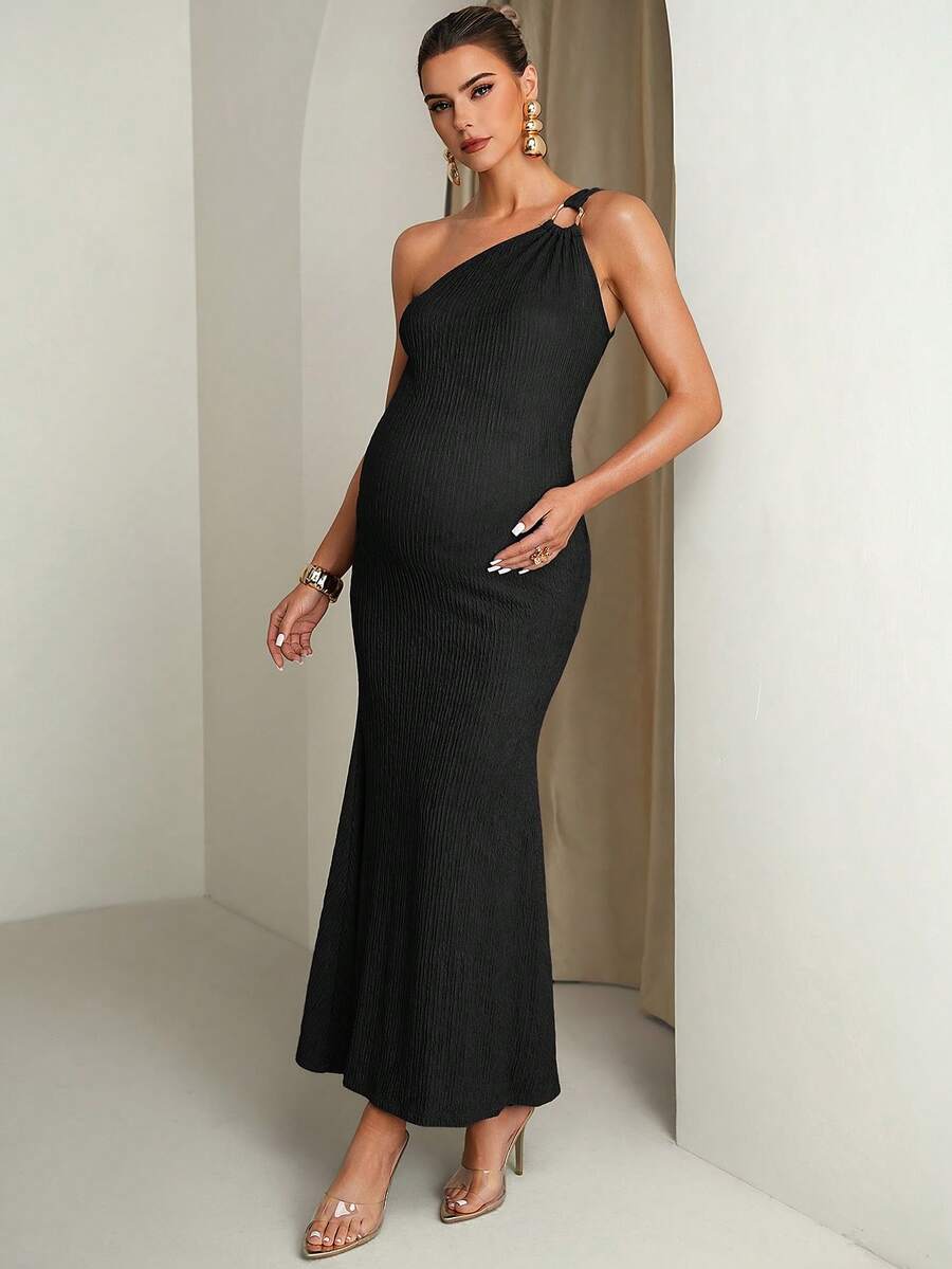 Pregnant Women Solid Color Metal Ring Decor Asymmetric Neckline Fitted Sleeveless Dress