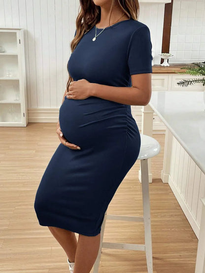 Maternity Short Sleeve Crew Neck Ruched Bodycon Dress Slim Fit Knee Length Solid Color Casual Streetwear Maternity T-Shirt Dress