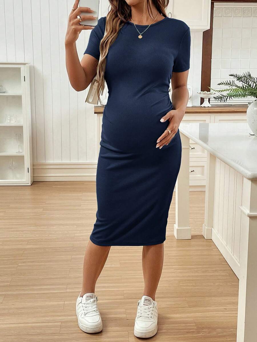Maternity Short Sleeve Round Neck Bodycon Dress Slim Fit Ruched Knee Length Pencil Dress for Casual Street Style