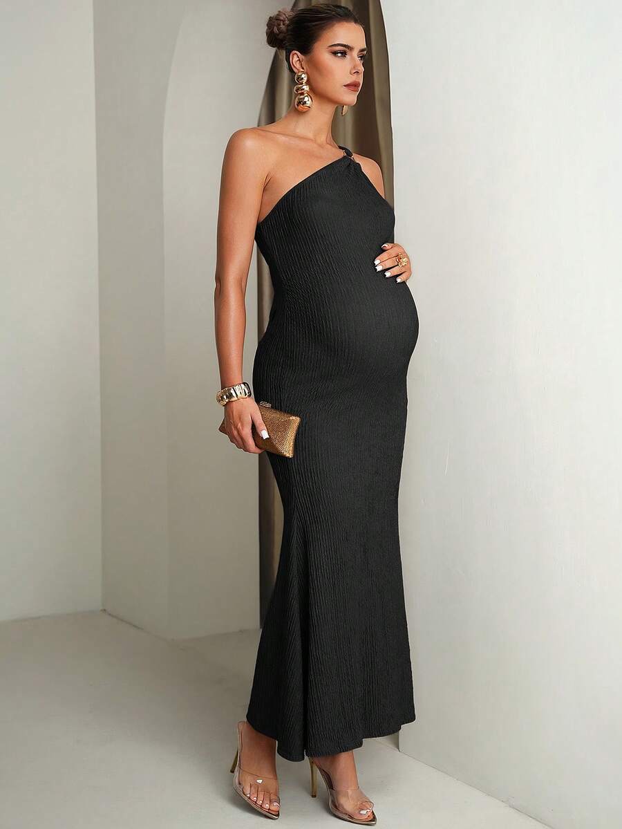 Fashionable & Versatile Textured Asymmetrical Shoulder Metal Buckle Maternity Dress