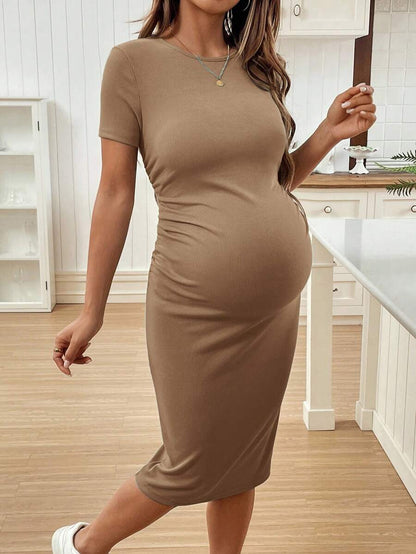 Maternity Short Sleeve Crew Neck Ruched Bodycon Dress Slim Fit Knee Length Solid Color Casual Streetwear Maternity T-Shirt Dress