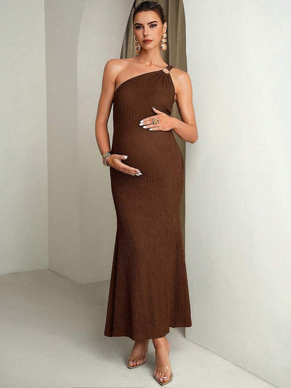 Fashionable & Versatile Textured Asymmetrical Shoulder Metal Buckle Maternity Dress
