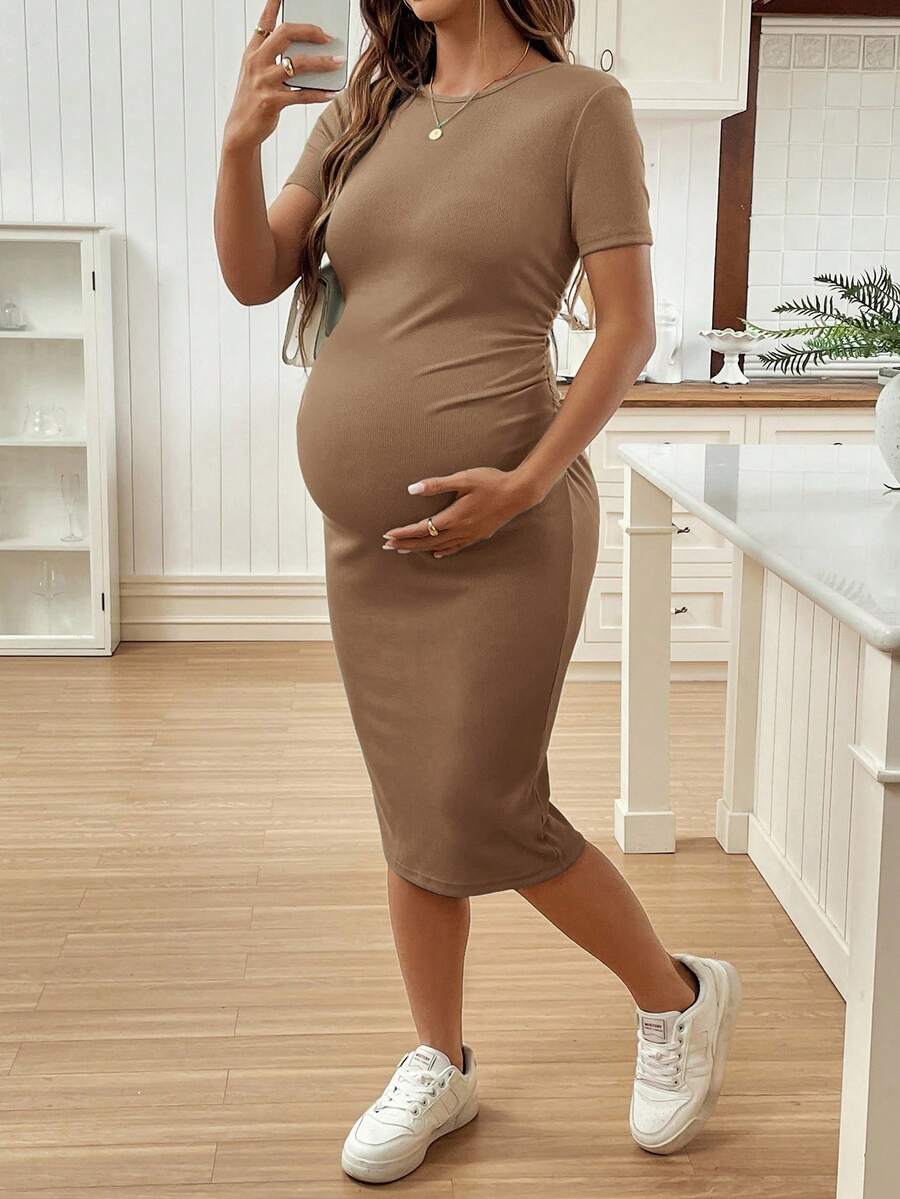Maternity Short Sleeve Round Neck Bodycon Dress Slim Fit Ruched Knee Length Pencil Dress for Casual Street Style