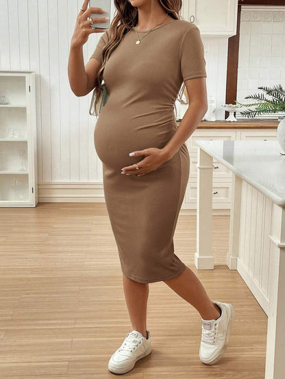 Maternity Short Sleeve Round Neck Bodycon Dress Slim Fit Ruched Knee Length Pencil Dress for Casual Street Style