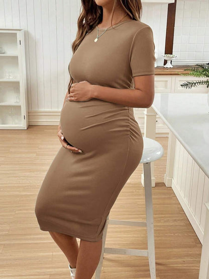 Maternity Short Sleeve Crew Neck Ruched Bodycon Dress Slim Fit Knee Length Solid Color Casual Streetwear Maternity T-Shirt Dress