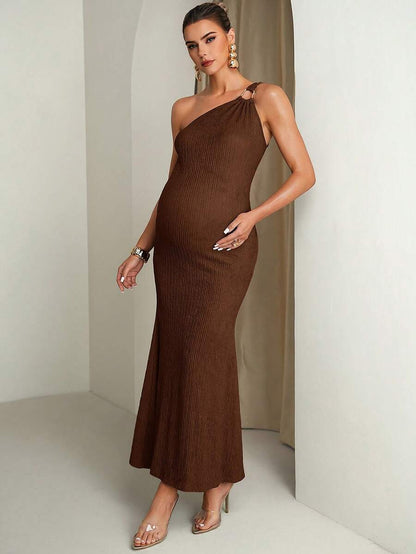 Pregnant Women Solid Color Metal Ring Decor Asymmetric Neckline Fitted Sleeveless Dress