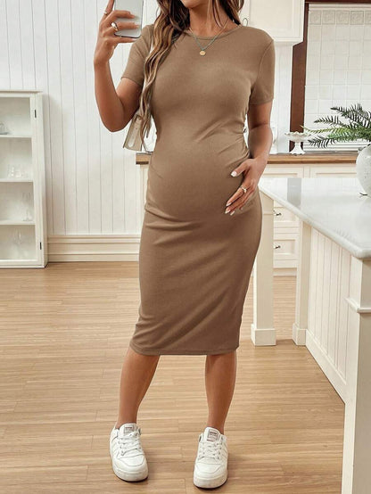 Maternity Short Sleeve Crew Neck Ruched Bodycon Dress Slim Fit Knee Length Solid Color Casual Streetwear Maternity T-Shirt Dress