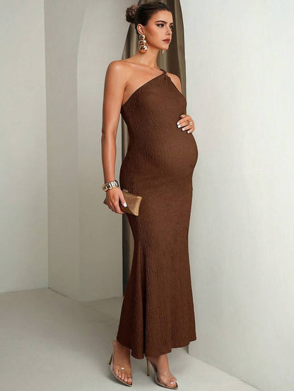Pregnant Women Solid Color Metal Ring Decor Asymmetric Neckline Fitted Sleeveless Dress