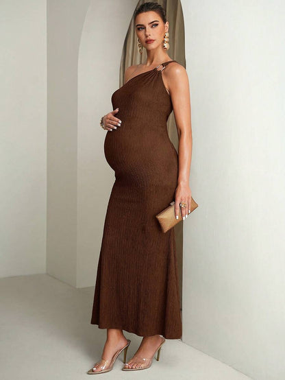 Pregnant Women Solid Color Metal Ring Decor Asymmetric Neckline Fitted Sleeveless Dress