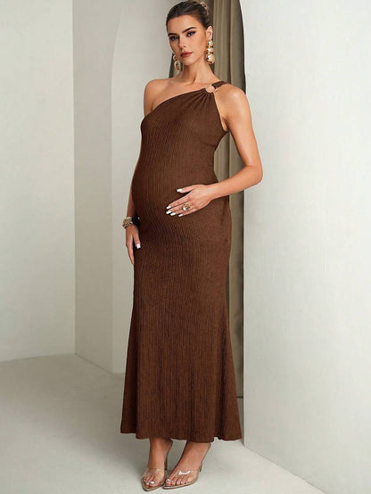 Pregnant Women Solid Color Metal Ring Decor Asymmetric Neckline Fitted Sleeveless Dress