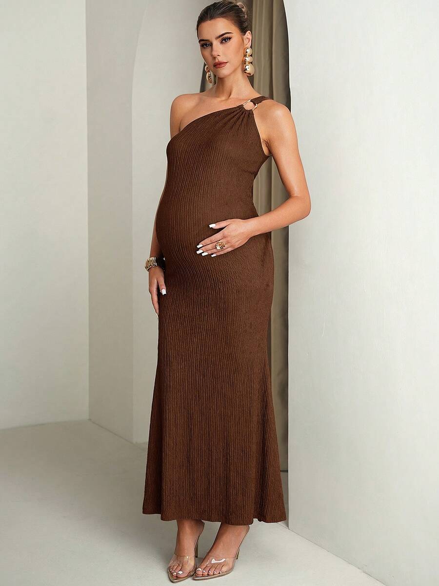 Fashionable & Versatile Textured Asymmetrical Shoulder Metal Buckle Maternity Dress