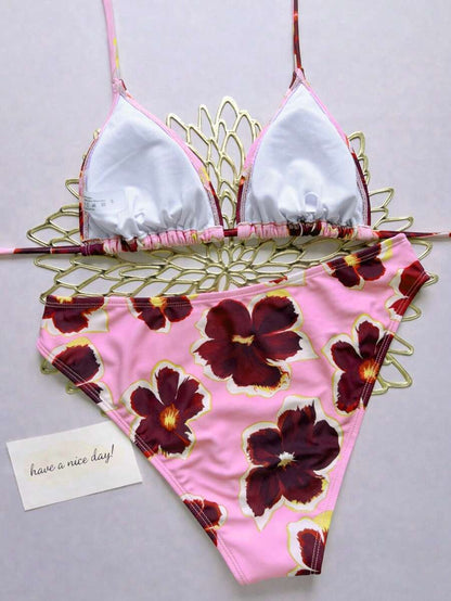 Swim Mod Women's Pink Polka Dot Print Halter Neck Low Waist Triangle Bikini Set, Summer Sexy Spring