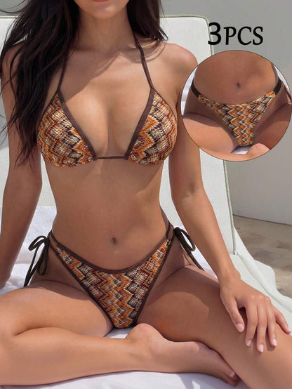 Swim Vcay Women's Swimwear Set, Fashionable Polka Dot Print Trim, Backless, Spaghetti Straps, Tie Waist, Triangle Swim Bottoms, Beach, Casual