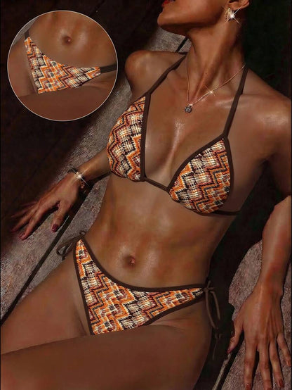 Swim Vcay Women's Swimwear Set, Fashionable Polka Dot Print Trim, Backless, Spaghetti Straps, Tie Waist, Triangle Swim Bottoms, Beach, Casual