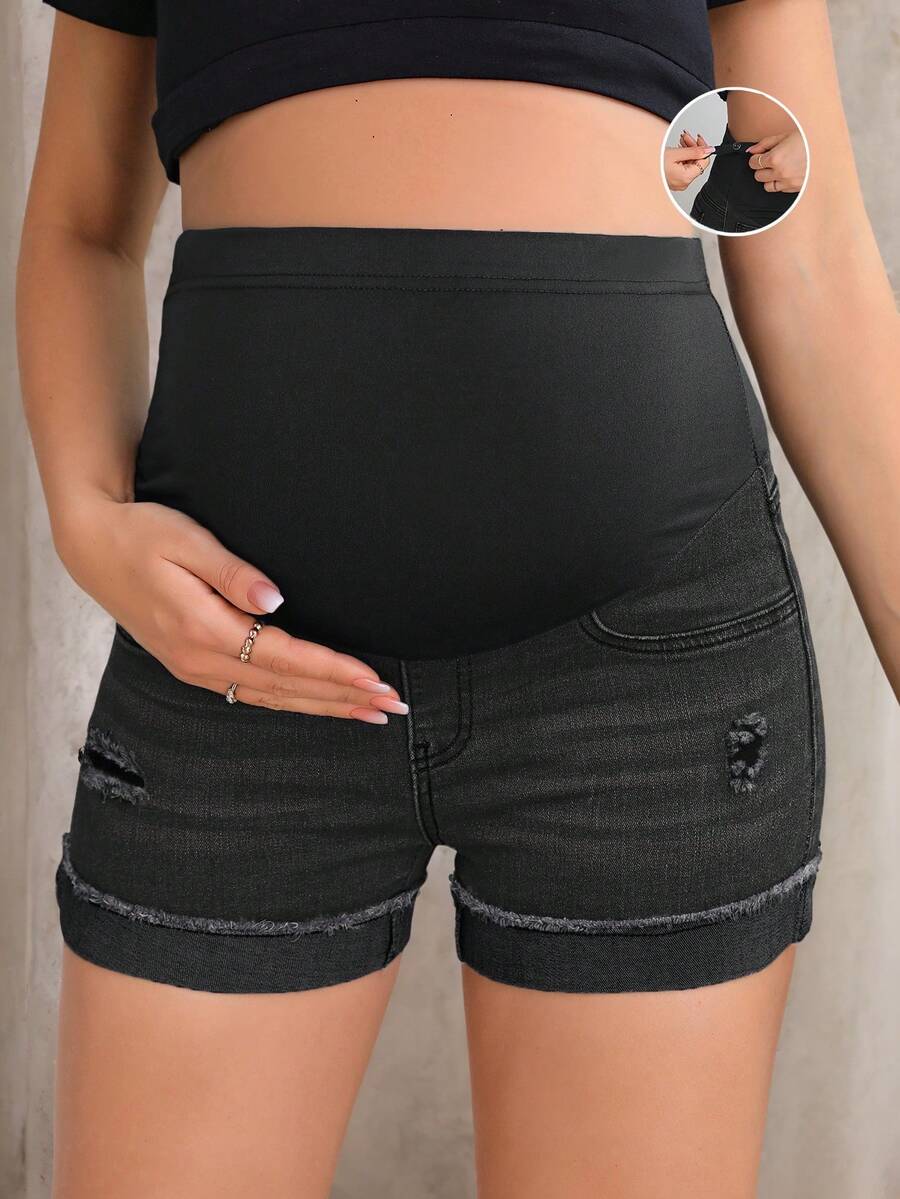 Maternity Black Washed Distressed Skinny Denim Mini Shorts – Elastic Waist Plain Casual Jean Shorts with Pockets
