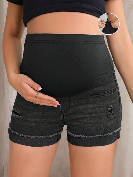Maternity Black Washed Distressed Skinny Denim Mini Shorts – Elastic Waist Plain Casual Jean Shorts with Pockets