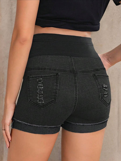 Maternity Denim Shorts - Adjustable Waist, Ripped, Roll Up Hem, Pocket, Dark Wash
