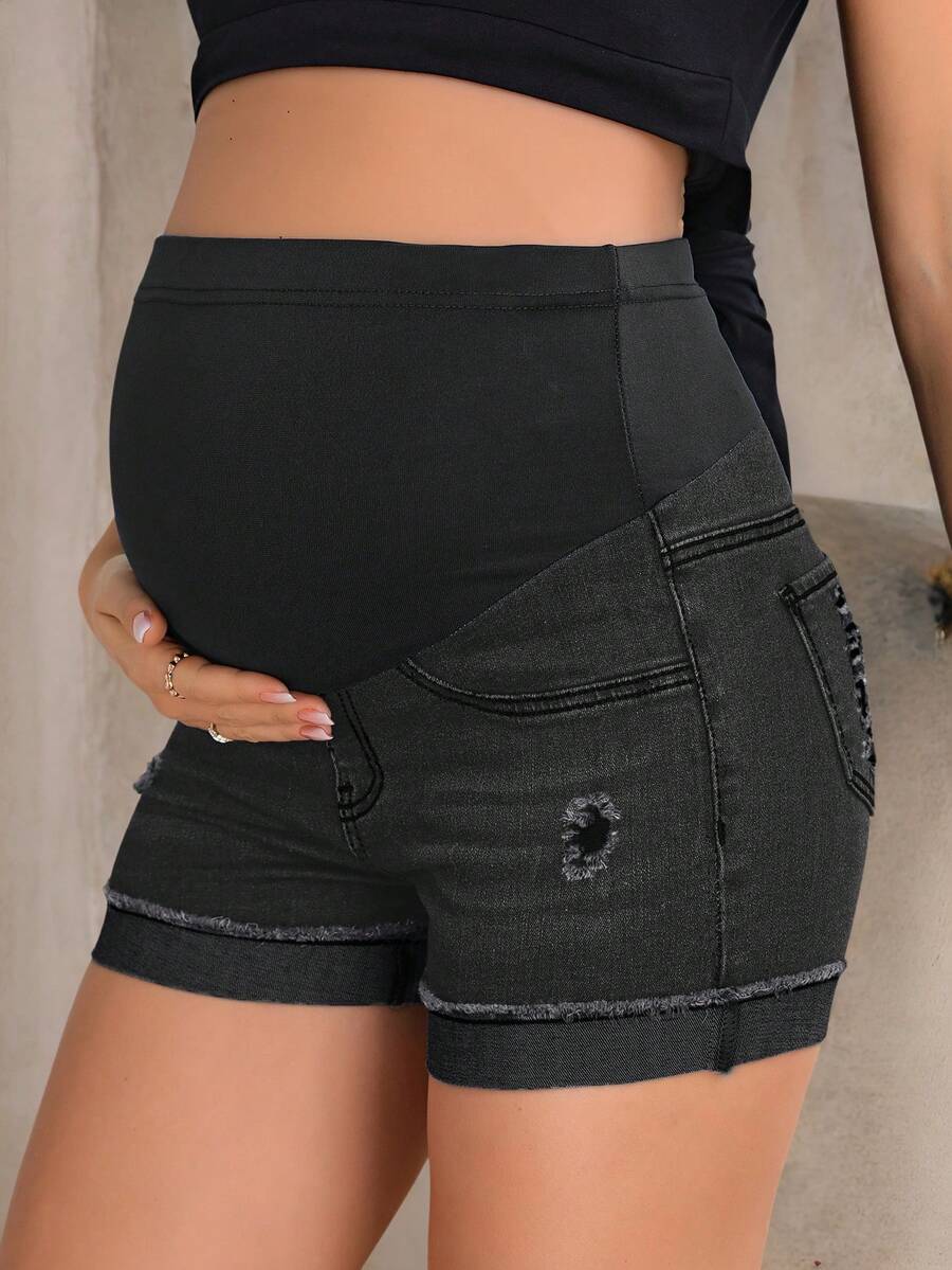 Maternity Black Washed Distressed Skinny Denim Mini Shorts – Elastic Waist Plain Casual Jean Shorts with Pockets