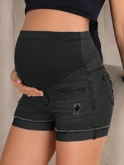Maternity Denim Shorts - Adjustable Waist, Ripped, Roll Up Hem, Pocket, Dark Wash