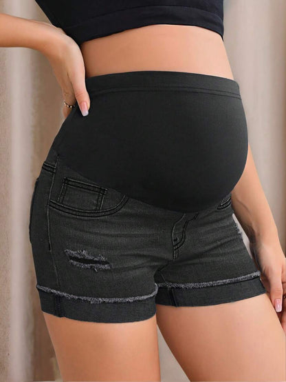 Maternity Denim Shorts - Adjustable Waist, Ripped, Roll Up Hem, Pocket, Dark Wash