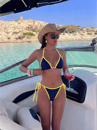 Swim Vcay Women's Summer Beach Contrast Color Halter Tie Sexy Bikini And Triangle Panty Swimwear Set Blue Bikini Yacht Party Outfit Vacation Bikini Boat Party Outfit Women Tie Side Bikini Triangle Bikini Set Light Blue Bikini