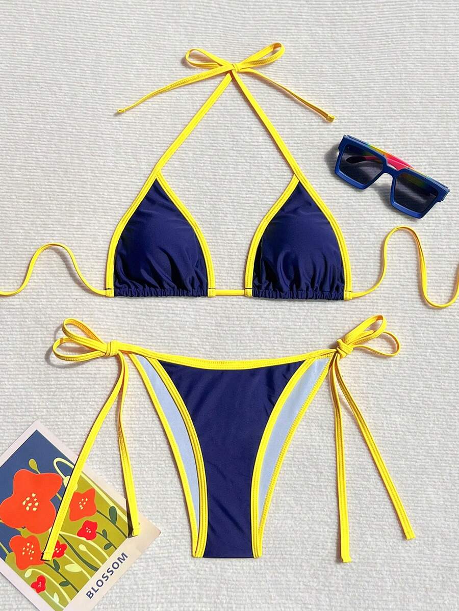 Swim Vcay Women's Summer Beach Contrast Color Halter Tie Sexy Bikini And Triangle Panty Swimwear Set Blue Bikini Yacht Party Outfit Vacation Bikini Boat Party Outfit Women Tie Side Bikini Triangle Bikini Set Light Blue Bikini