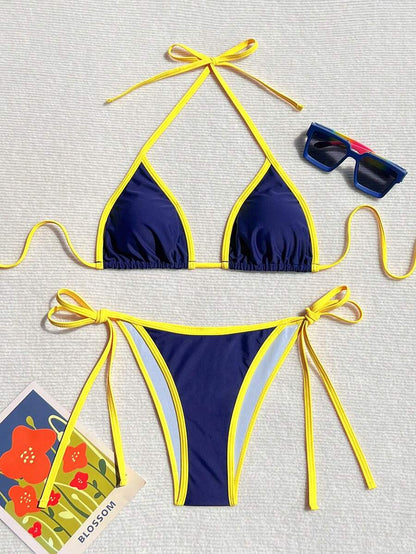 Swim Vcay Women's Summer Beach Contrast Color Halter Tie Sexy Bikini And Triangle Panty Swimwear Set Blue Bikini Yacht Party Outfit Vacation Bikini Boat Party Outfit Women Tie Side Bikini Triangle Bikini Set Light Blue Bikini