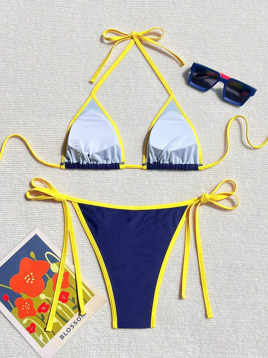 Swim Vcay Women's Summer Beach Contrast Color Halter Tie Sexy Bikini And Triangle Panty Swimwear Set Blue Bikini Yacht Party Outfit Vacation Bikini Boat Party Outfit Women Tie Side Bikini Triangle Bikini Set Light Blue Bikini