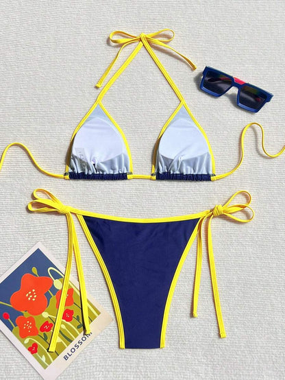 Swim Vcay Women's Summer Beach Contrast Color Halter Tie Sexy Bikini And Triangle Panty Swimwear Set Blue Bikini Yacht Party Outfit Vacation Bikini Boat Party Outfit Women Tie Side Bikini Triangle Bikini Set Light Blue Bikini