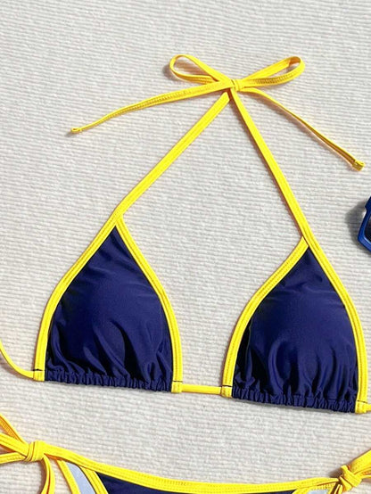 Swim Vcay Women's Summer Beach Contrast Color Halter Tie Sexy Bikini And Triangle Panty Swimwear Set Blue Bikini Yacht Party Outfit Vacation Bikini Boat Party Outfit Women Tie Side Bikini Triangle Bikini Set Light Blue Bikini