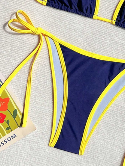 Swim Vcay Women's Summer Beach Contrast Color Halter Tie Sexy Bikini And Triangle Panty Swimwear Set Blue Bikini Yacht Party Outfit Vacation Bikini Boat Party Outfit Women Tie Side Bikini Triangle Bikini Set Light Blue Bikini