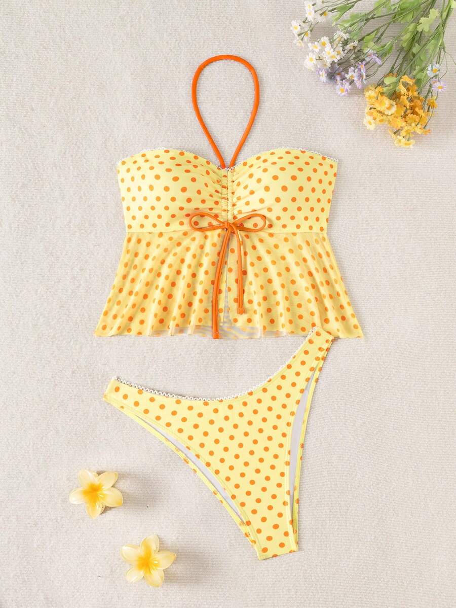 Women's Polka Dot 2-Piece Bikini Set - Lace-Up, Spaghetti Strap, Hipsters, Pink
