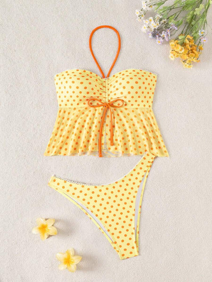 Women's Polka Dot 2-Piece Bikini Set - Lace-Up, Spaghetti Strap, Hipsters, Pink