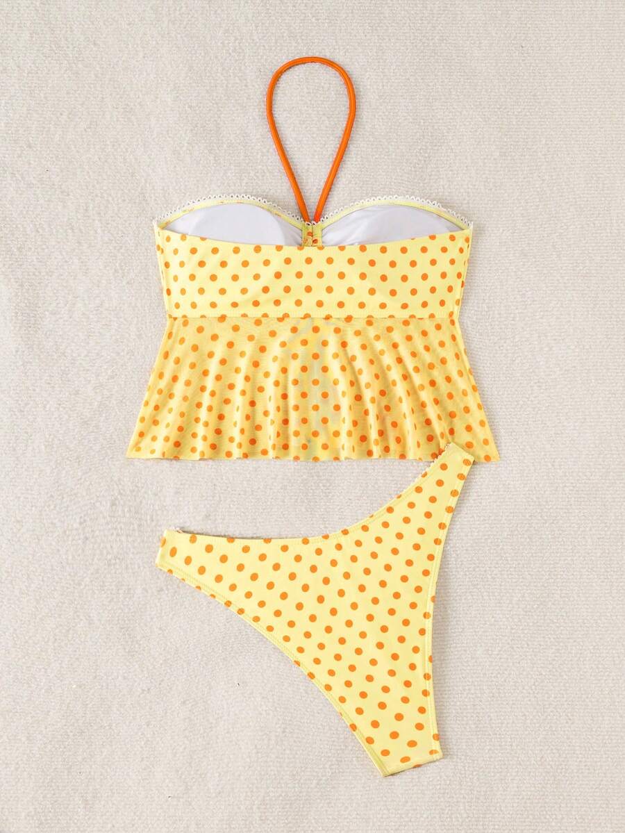 Women's Polka Dot 2-Piece Bikini Set - Lace-Up, Spaghetti Strap, Hipsters, Pink