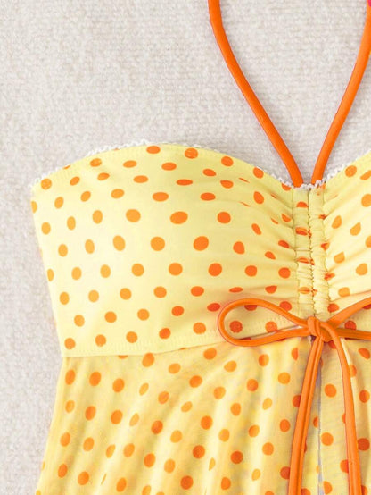 Women's Polka Dot 2-Piece Bikini Set - Lace-Up, Spaghetti Strap, Hipsters, Pink
