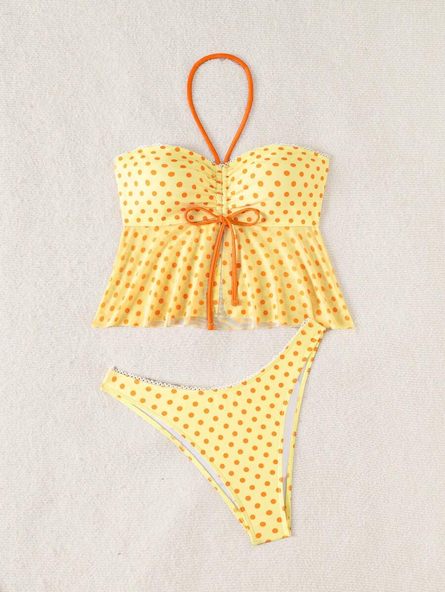 Women's Polka Dot 2-Piece Bikini Set - Lace-Up, Spaghetti Strap, Hipsters, Pink