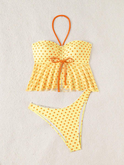 Women's Polka Dot 2-Piece Bikini Set - Lace-Up, Spaghetti Strap, Hipsters, Pink