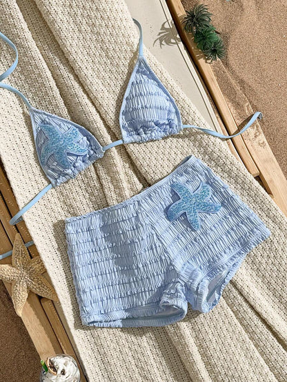 Women's 2-Piece Textured Bikini Set - Starfish Decor Halter, Tie Waist Shorts, Pale Yellow