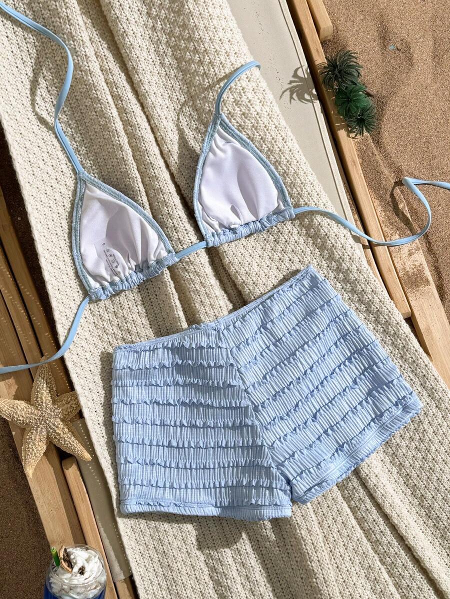 Women's 2-Piece Textured Bikini Set - Starfish Decor Halter, Tie Waist Shorts, Pale Yellow