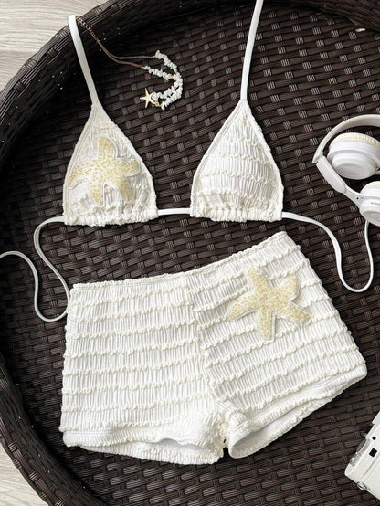 Women's 2-Piece Textured Bikini Set - Starfish Decor Halter, Tie Waist Shorts, Pale Yellow