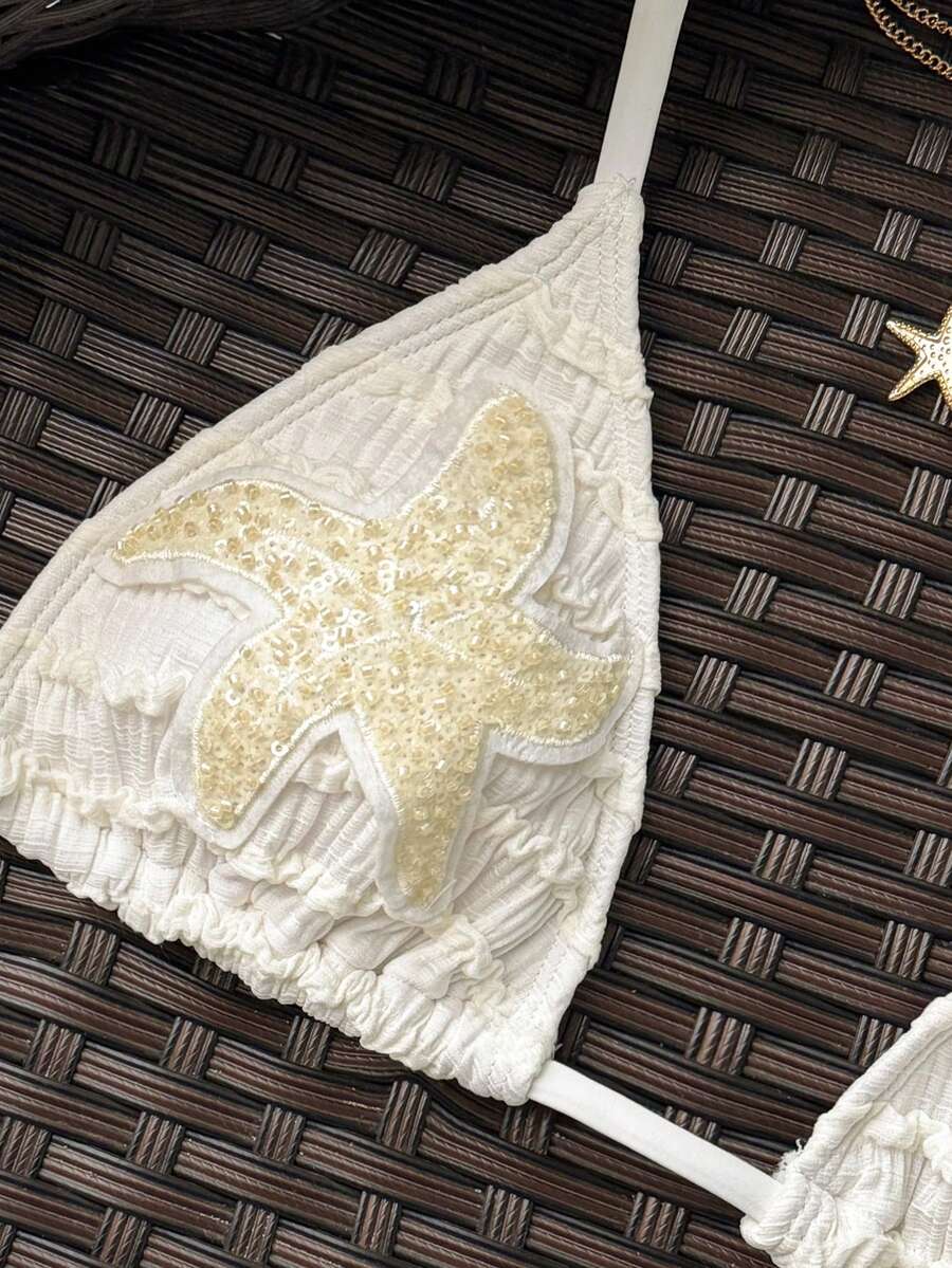 Women's 2-Piece Textured Bikini Set - Starfish Decor Halter, Tie Waist Shorts, Pale Yellow