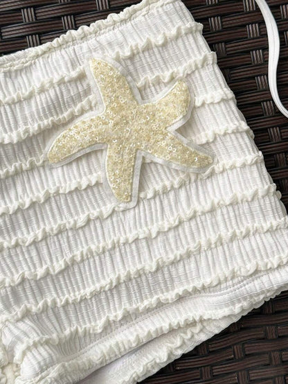 Women's 2-Piece Textured Bikini Set - Starfish Decor Halter, Tie Waist Shorts, Pale Yellow