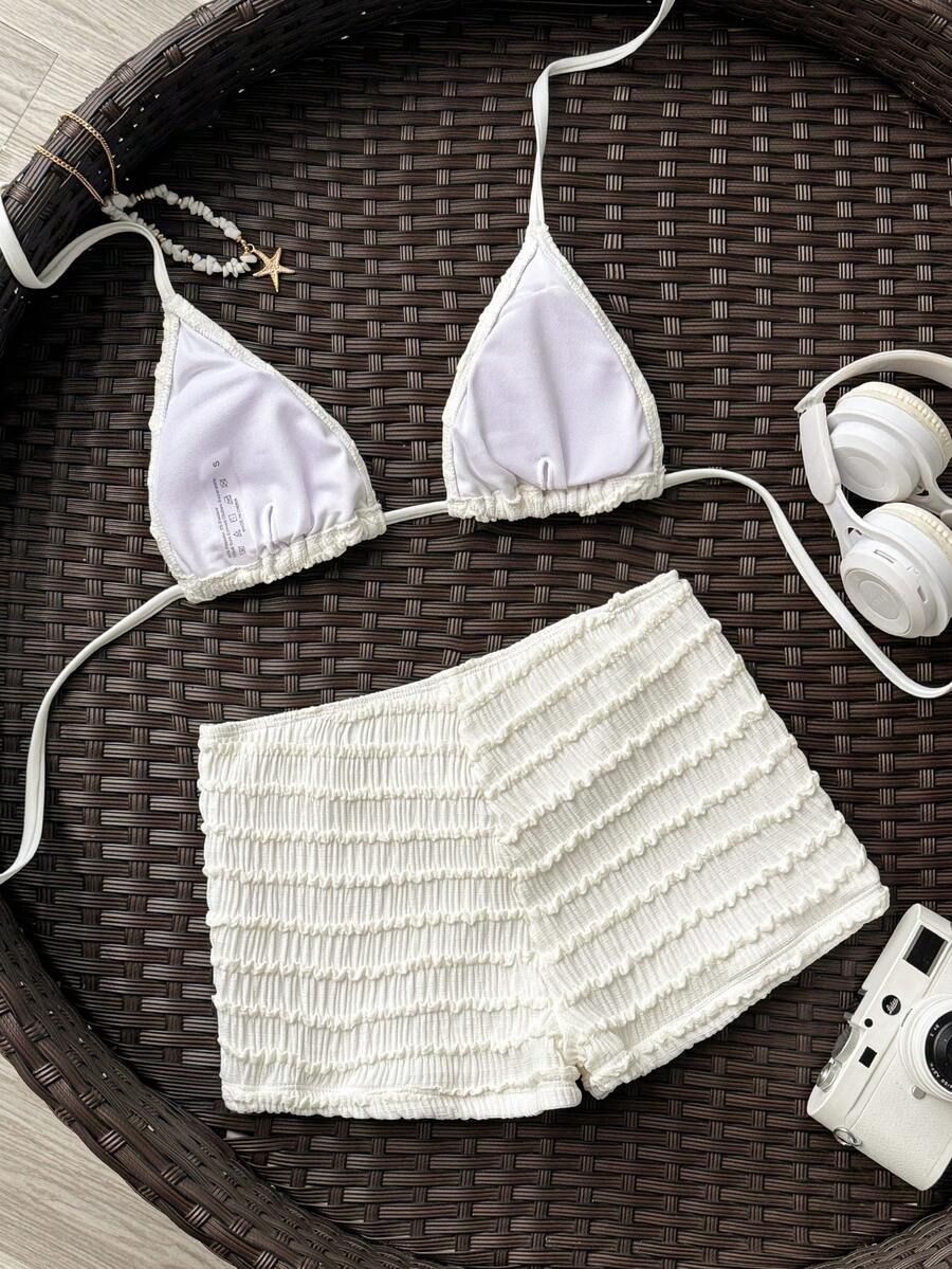 Women's 2-Piece Textured Bikini Set - Starfish Decor Halter, Tie Waist Shorts, Pale Yellow