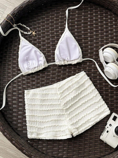 Women's 2-Piece Textured Bikini Set - Starfish Decor Halter, Tie Waist Shorts, Pale Yellow