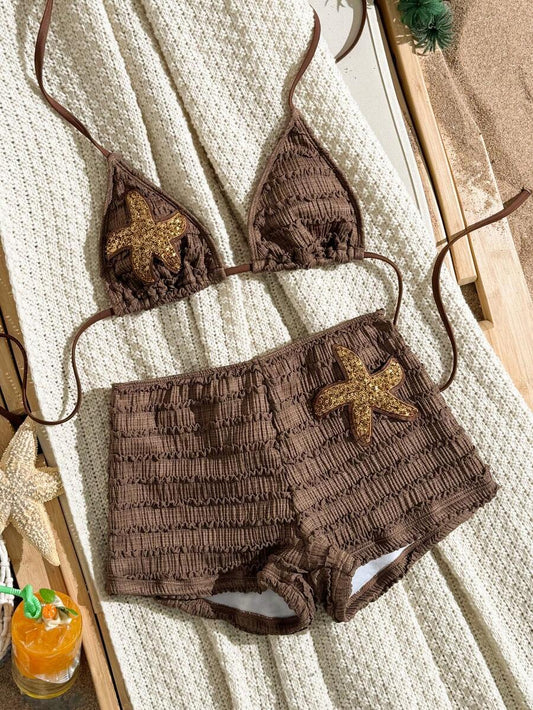 Swim Vcay Summer New Multicolor Textured Fabric Ocean Starfish Decor Accessories Straight Leg Pants Halter Tie Beach Vacation Women 2 Pieces Swimwear Set