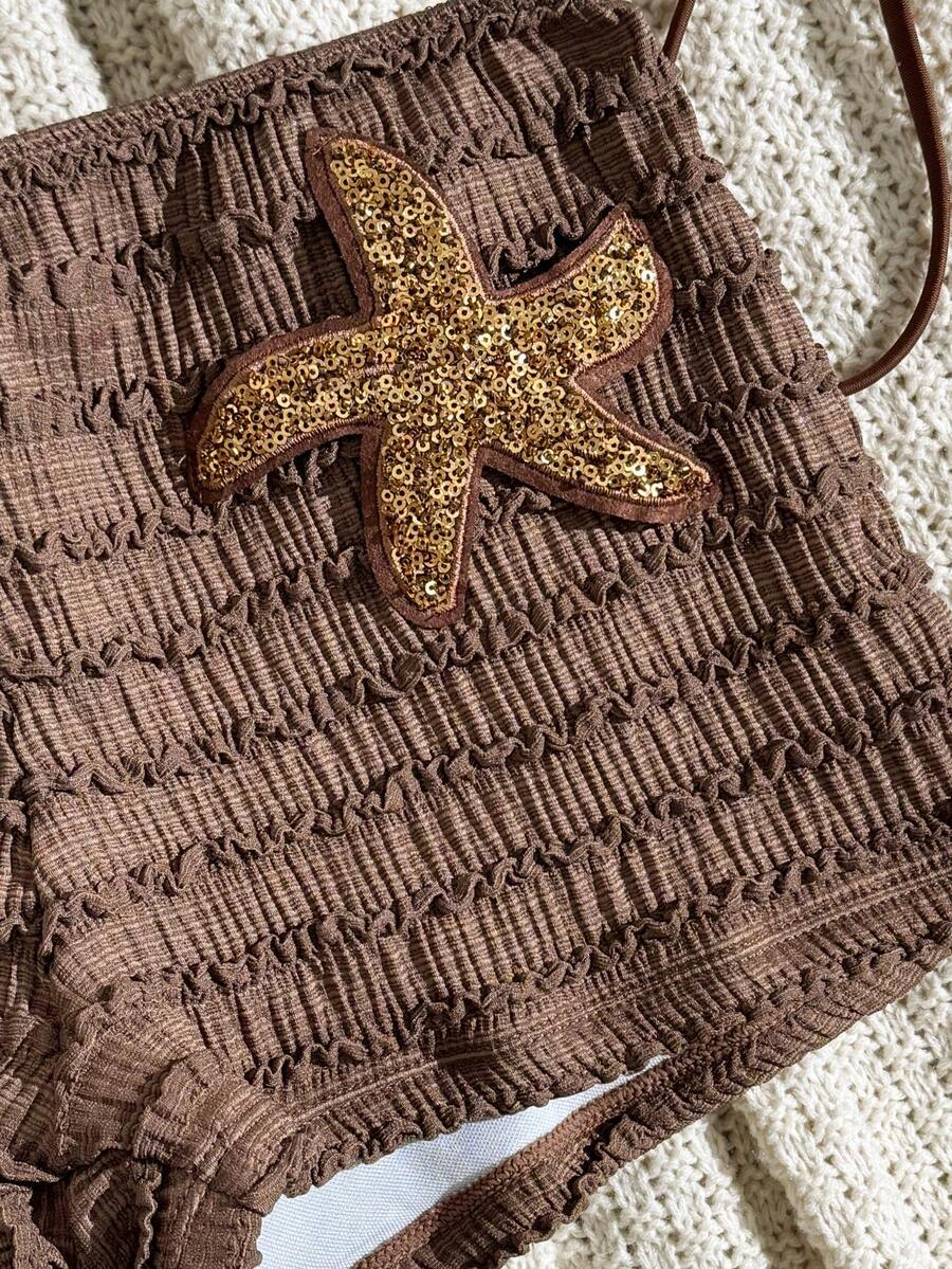 Women's 2-Piece Textured Bikini Set - Starfish Decor Halter, Tie Waist Shorts, Pale Yellow