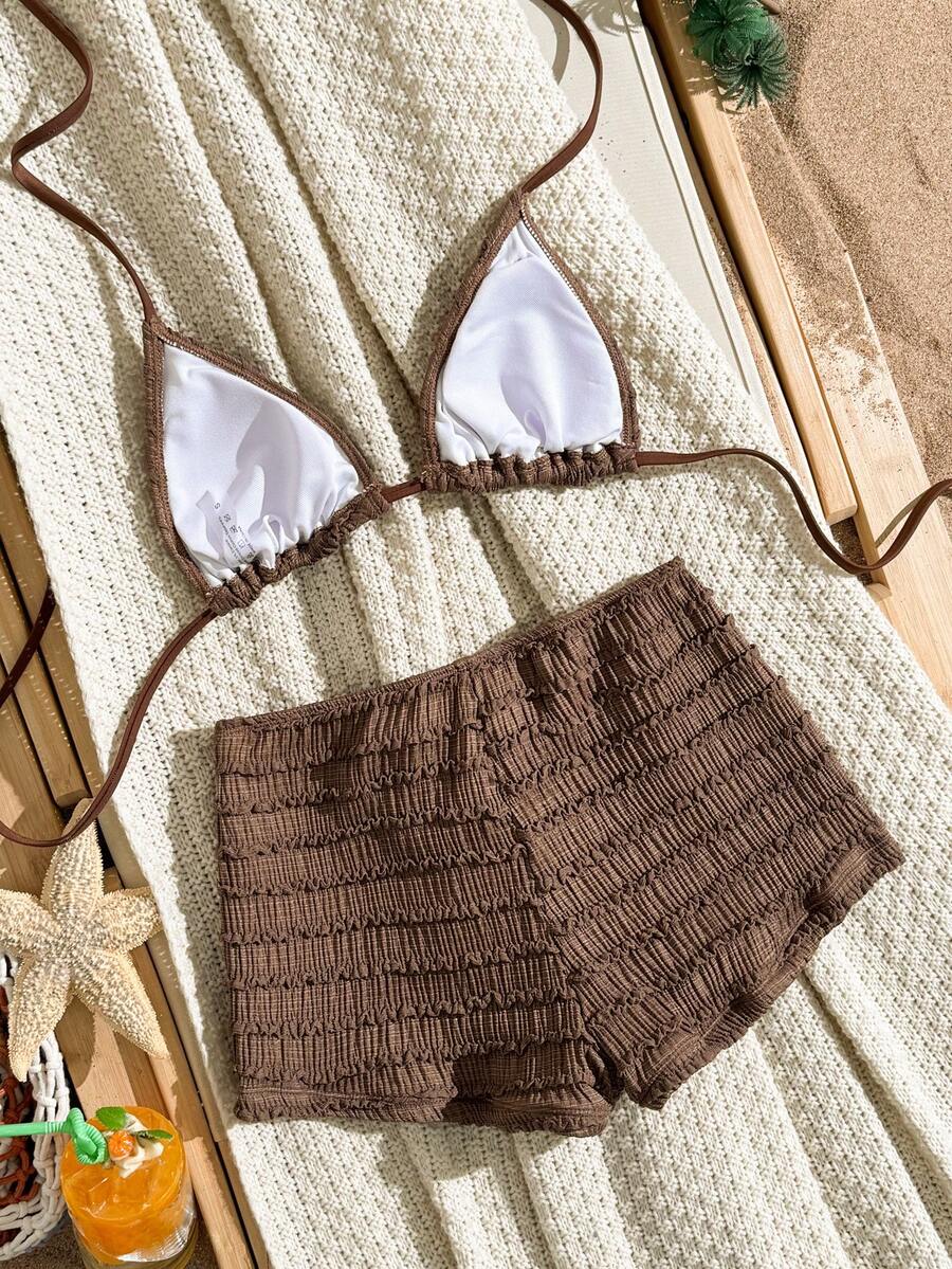Women's 2-Piece Textured Bikini Set - Starfish Decor Halter, Tie Waist Shorts, Pale Yellow