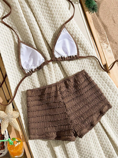 Women's 2-Piece Textured Bikini Set - Starfish Decor Halter, Tie Waist Shorts, Pale Yellow