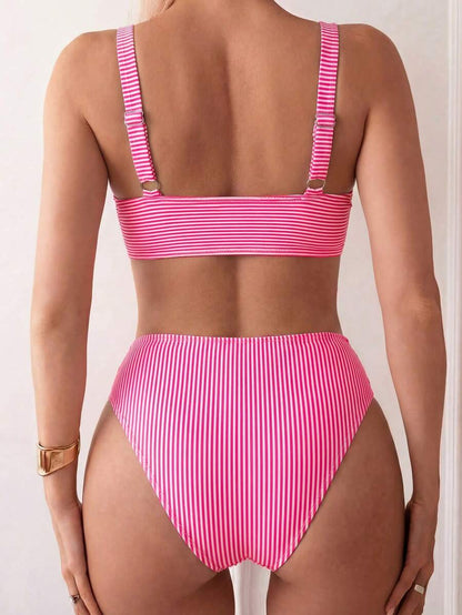 Women's 2-Piece Striped Bikini Set - Cross Wrap Bust, High Waist, Deep V Neck, Blue